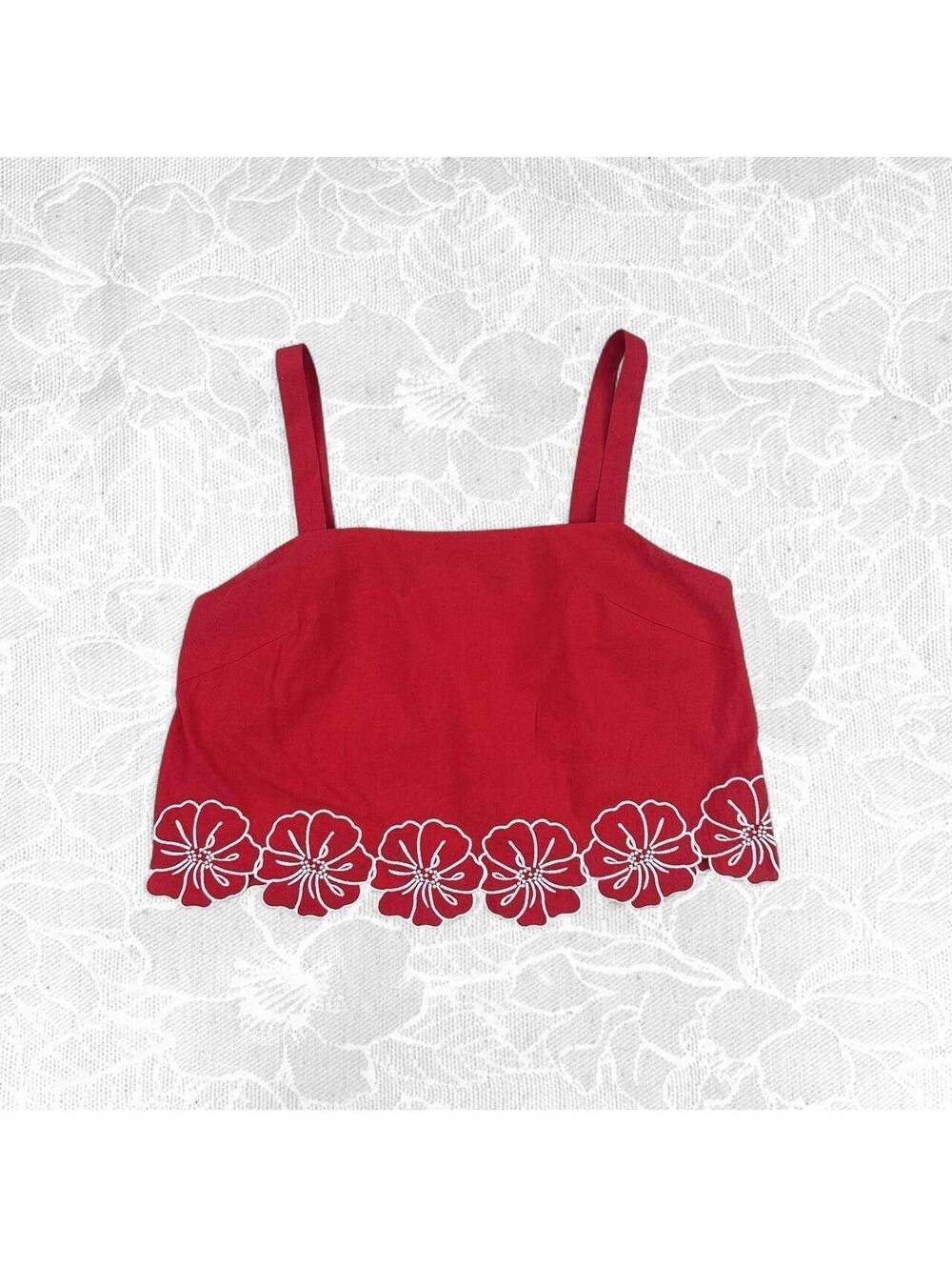 Commense Red Floral Embroidered Crop Tank Top - Medium
